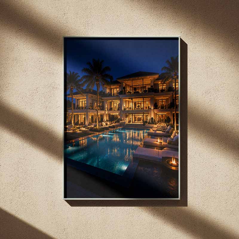 Luxury & Wealth Aesthetics 11 Luxury Mansion Night Poolside Art Print - Image 1