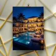 Luxury Mansion Night Poolside Art Print - Image 3